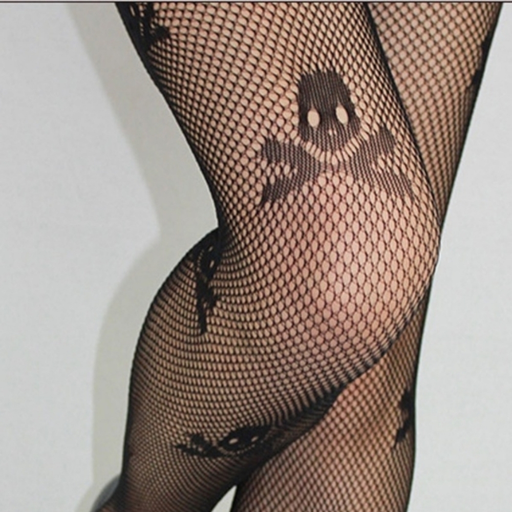 Skull & Crossbones Fishnet Hose Black OSFM - Picture 4 of 6